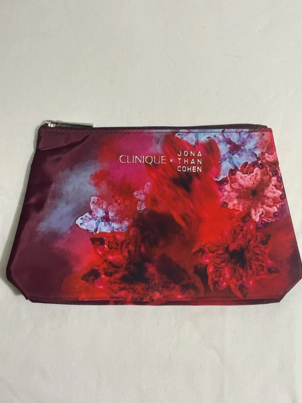 Clinique x Jonathan Cohen Floral Makeup Cosmetic Bag Zipper Pouch Red Pink